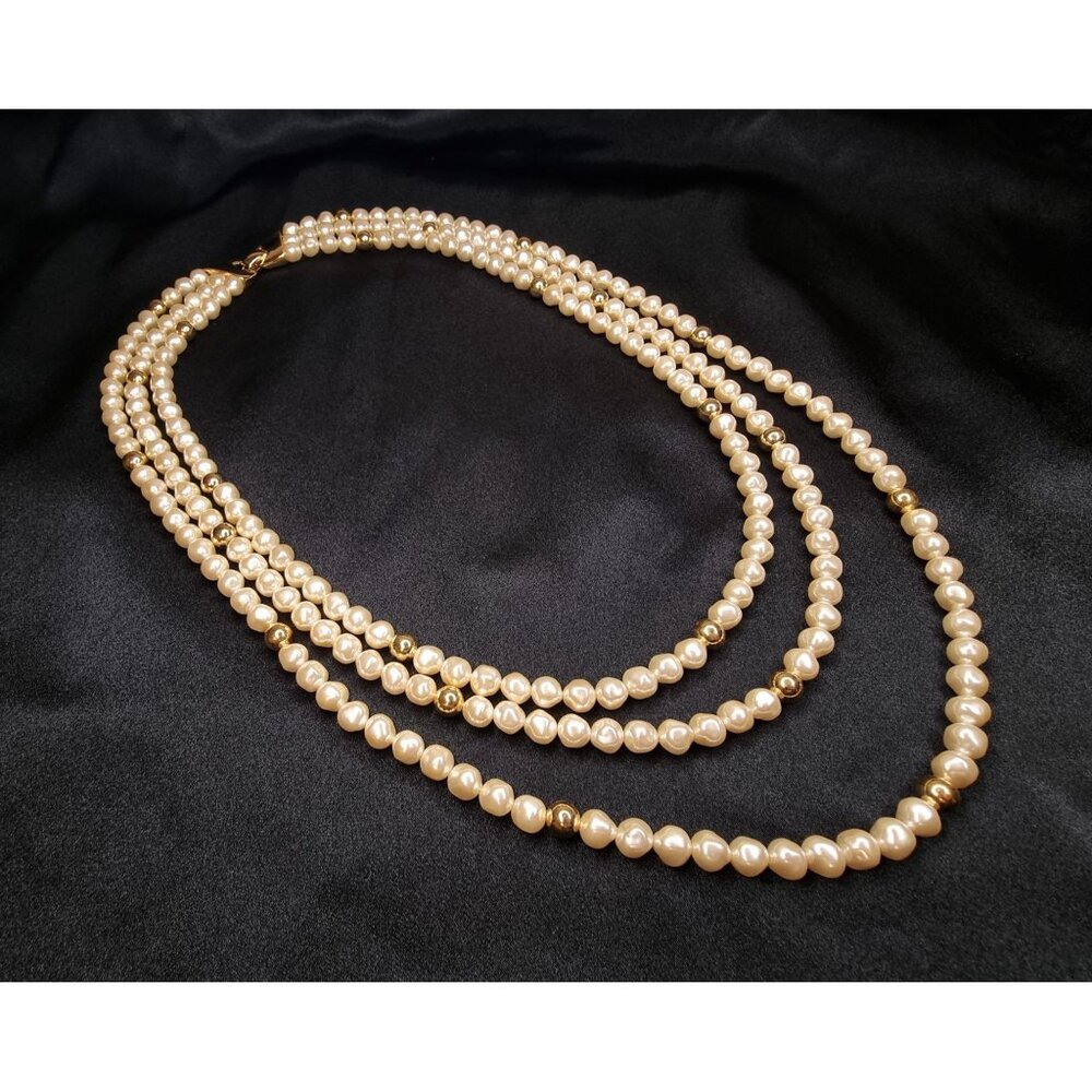 Rare Find Vintage NAPIER Signed Gold-Tone Triple Strand Faux Pearl Necklace